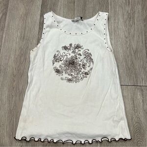 Cabi Women's Sleeveless Top Large Y2K 90s Ruffle, Fairy, Whimsical, Studded Trim